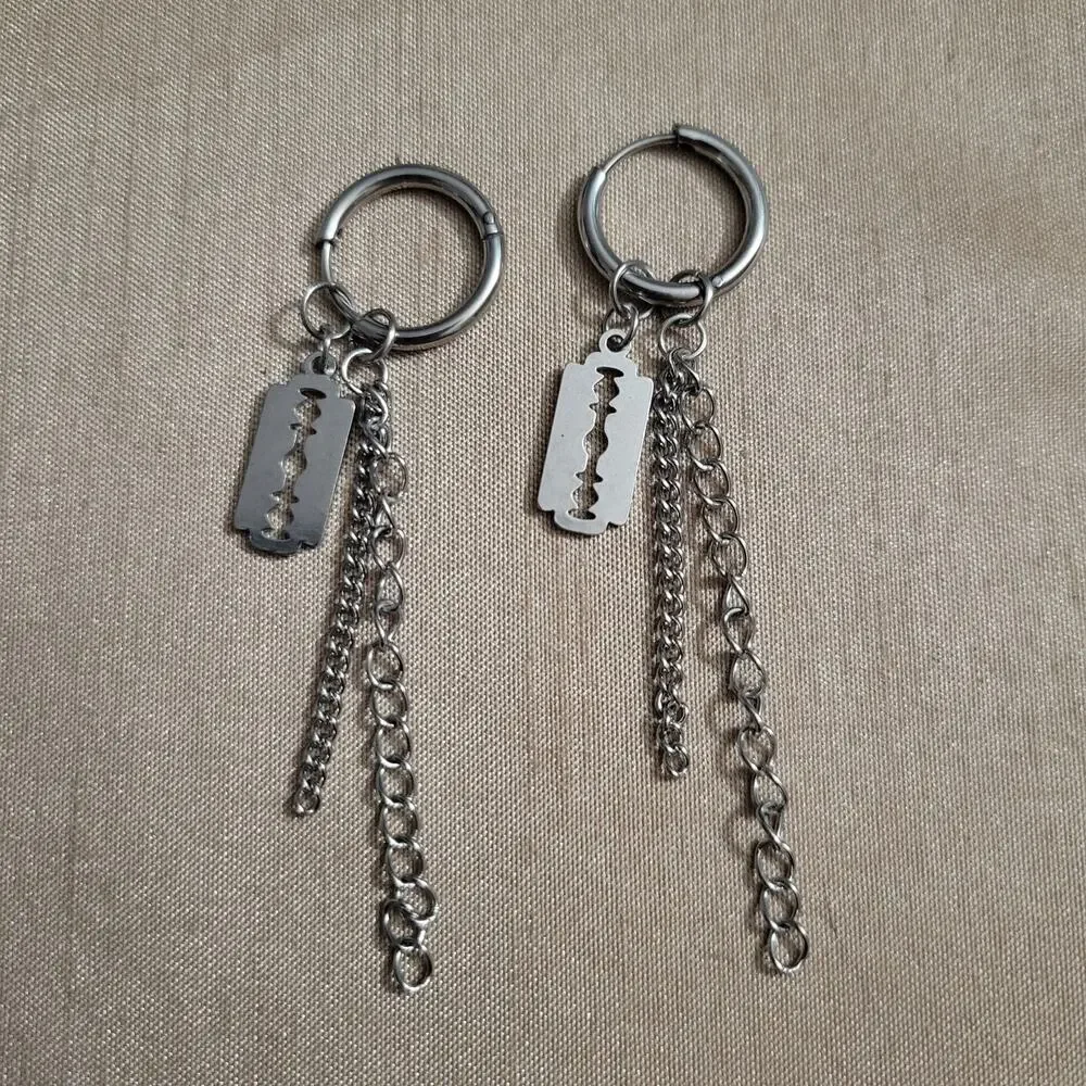 Silver razor blade and chain charm hoop gothic earrings